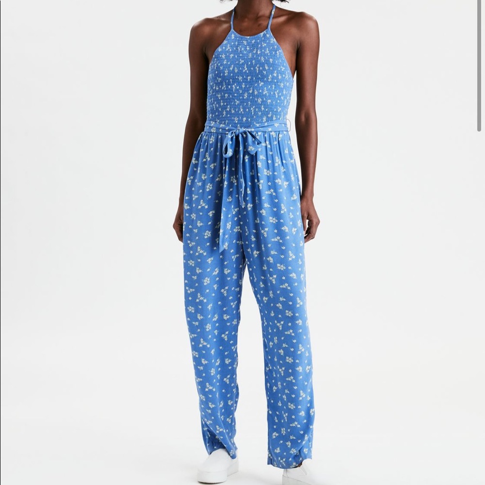 American Eagle Petite Smocked Halter Jumpsuit